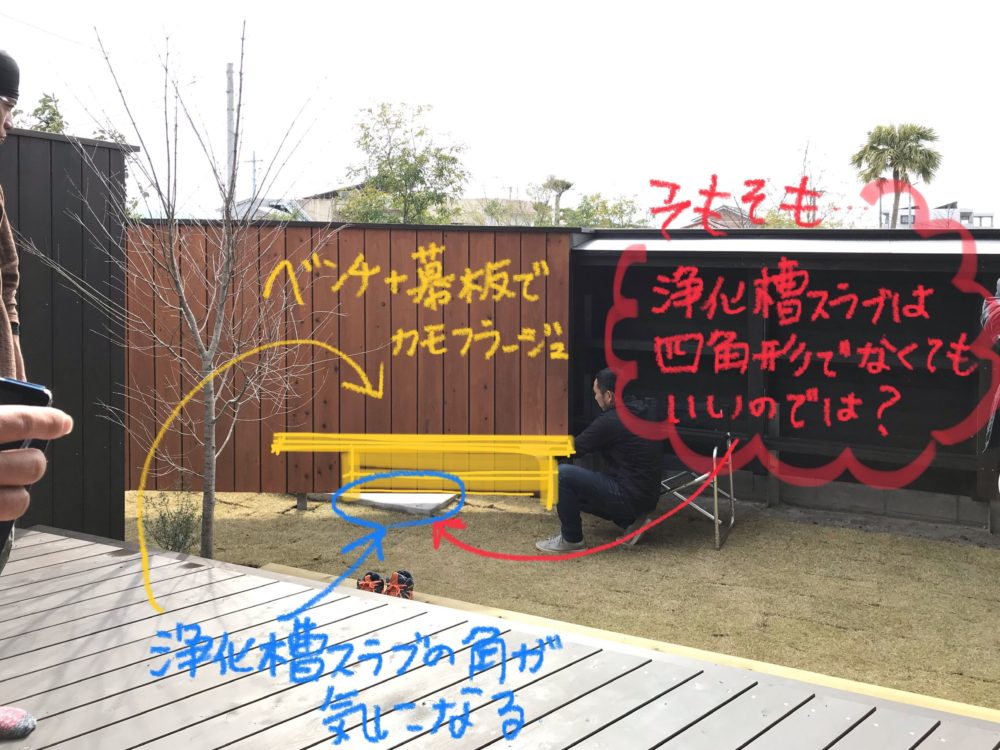 浄化槽の角が庭に出ている。